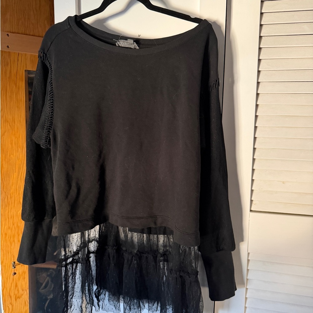 By Anthropologie Black Layered Tulle Sweatshirt Lace Hem - Picture 3 of 5